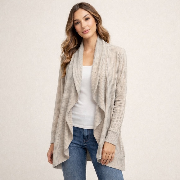 Talbots Sweaters - Talbots Waffle Knit Cocoon Sweater Gray Open Front Cardigan Size Large